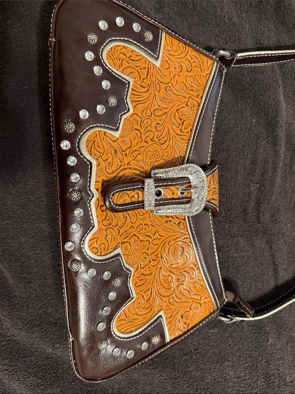 Women's Brown and Tan Western-Style Shoulder Bag with Silver Buckle